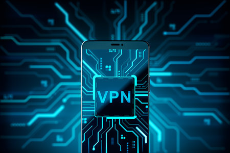 Smartphone with VPN interface and glowing blue circuit overlay on dark background, representing secure connection, privacy, and mobile network. 3D Renderingの写真素材