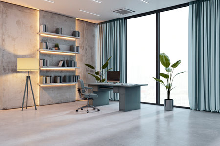 Cozy modern executive office with luxury furniture, ambient lighting, large windows, and elegant decor on a concrete wall background. 3D Renderingの写真素材