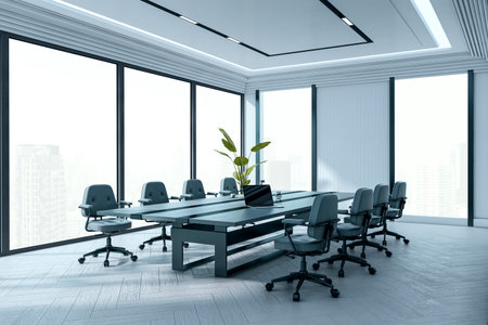 Empty modern boardroom with executive chairs, long desk, indoor plant and city view background in clean corporate workspace. 3D Renderingの写真素材
