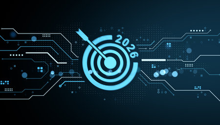 Futuristic blue digital target with arrow and 2026 text on glowing circuit background, modern abstract technology innovation concept. 3D Renderingの写真素材