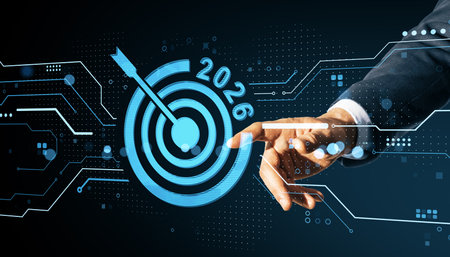 Business hand touches digital target interface with 2026 goal on futuristic virtual screen, symbolizing planning and technology conceptの写真素材