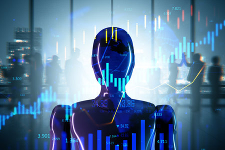 Silhouette of humanoid robot with financial chart overlay, futuristic style, office background with people, concept of AI in financial analysisの写真素材