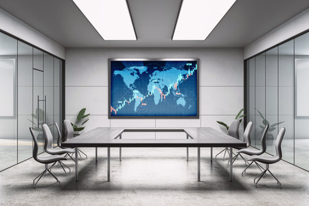 Stylish office meeting room with glass walls, digital world map stock chart screen, concrete floor, and modern chairs. 3D Renderingの写真素材