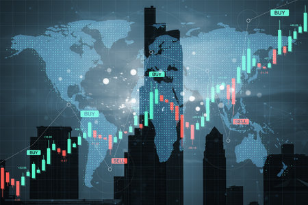 Candlestick forex chart and buy-sell signals overlaid on a digital world map with cityscape silhouette, reflecting global financial analysisの写真素材