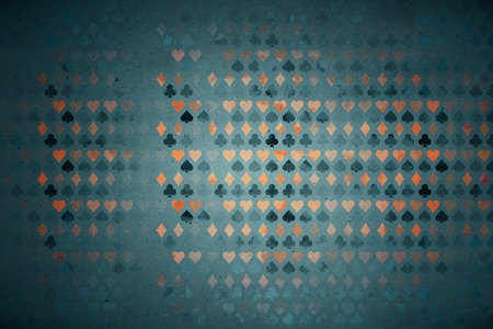 Repeating pattern of card suits on dark textured background, with heart, club, diamond, and spade symbols forming a modern wallpaper design. 3D Renderingの写真素材