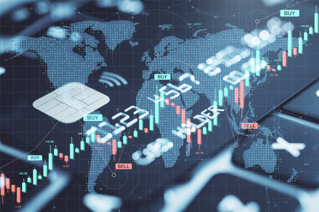 Abstract financial chart and stock market data on world map background with credit card chip, symbolizing global fintech and digital tradingの写真素材
