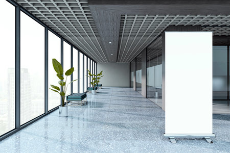 Empty corporate hallway interior with roll-up banner stand, clean modern design, large windows, and polished floor. 3D Renderingの写真素材