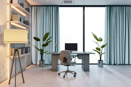 Luxury executive office with modern furniture, soft backlighting, and eco decor in a spacious room with large windows. 3D Renderingの写真素材