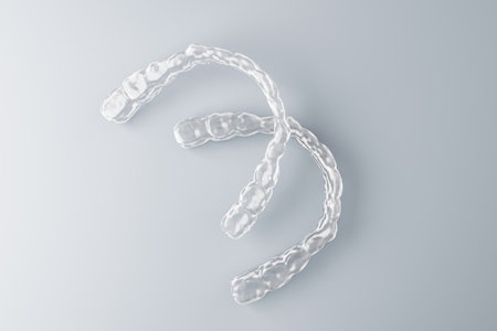 Clear teeth aligners in transparent material, 3D Rendering style, on light gradient background. Concept of modern orthodontic dental medicineの写真素材