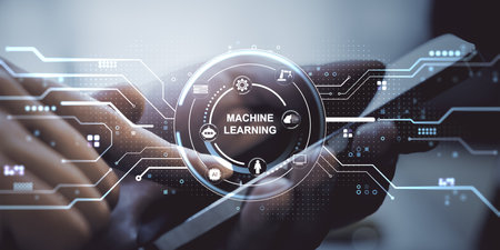 Smartphone held by hand with digital machine learning interface overlay, futuristic style on blurred background, concept of artificial intelligenceの写真素材