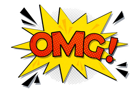 Comic explosion with OMG text in bold red letters, pop art graphic style, on white background. Concept of surprise, excitement, and expression. 3D Renderingの写真素材