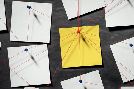 White and yellow sticky notes pinned with red strings on dark wall background, creating an abstract concept of investigation and analysis. 3D Renderingの写真素材