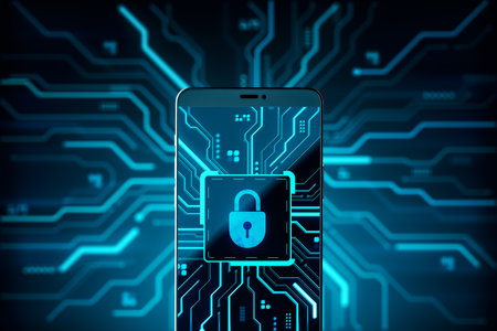 Smartphone with glowing padlock icon on screen, circuit board background, neon blue tones, concept of mobile cybersecurity and digital safety, 3D Renderingの写真素材