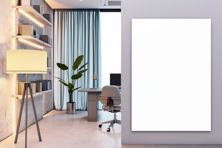 Vertical blank canvas mockup on wall in modern executive office with cozy furniture, soft lighting, luxury design elements. 3D Renderingの写真素材