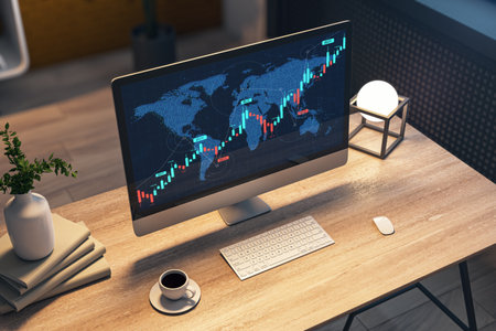 Financial trading chart on computer screen in cozy office with warm light, wooden table, books, coffee cup and keyboard. Concept of analytics. 3D Renderingの写真素材