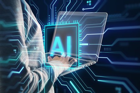 Person typing on laptop with glowing AI circuit overlay, futuristic tech background, symbolizing artificial intelligence and digital innovationの写真素材