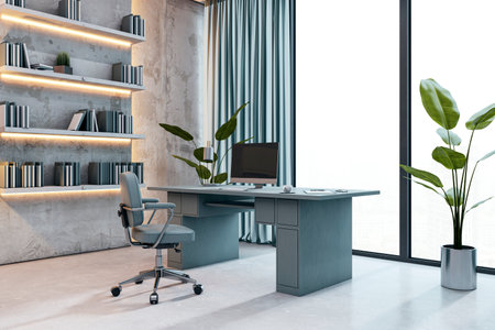 Modern executive office with clean desk, stylish chair, indoor plants, bookshelves and panoramic city view in minimalist luxury workspace. 3D Renderingの写真素材