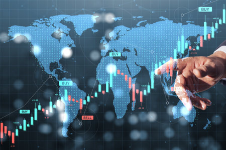 Businessman's hand touches digital stock market graph with buy and sell signs on world map background, showing global financial trading conceptの写真素材