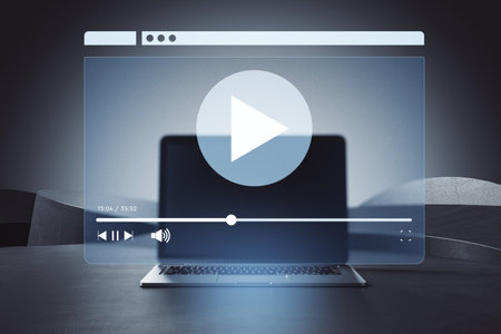 Laptop with abstract video player interface overlay on dark modern background, representing streaming and online content platform. 3D Renderingの写真素材