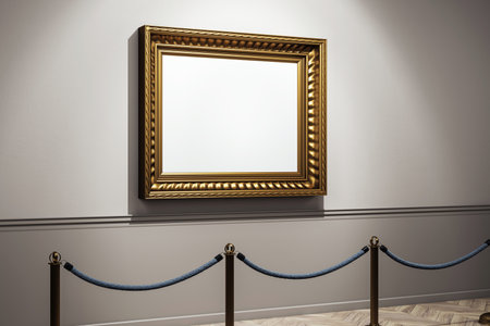 Golden classic frame on empty gallery wall with spotlight, elegant corridor interior and rope barrier, concept of art exhibition. 3D Renderingの写真素材