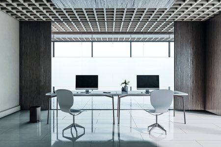 Empty modern office interior with two desks and monitors, minimalistic style, wooden ceiling and walls, on light indoor background. 3D Renderingの写真素材