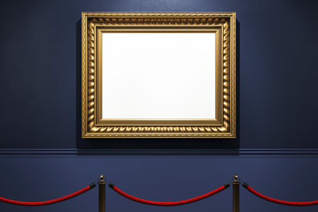 Empty ornate gold frame on dark blue gallery wall with red rope barrier, spotlight lighting, and elegant room interior for artwork display. 3D Renderingの写真素材