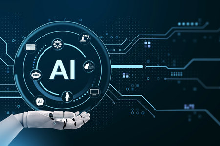 Robotic hand holding AI interface with neural icons, digital circuits, and glowing elements on futuristic dark background. Concept of machine learning. 3D Renderingの写真素材