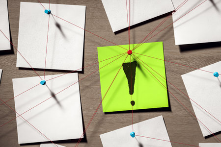 Symbolic detective investigation scene with notes and red strings connected to a green exclamation icon on wooden wall background. 3D Renderingの写真素材