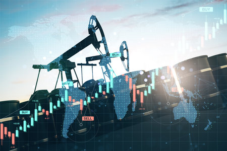 Oil pump jacks and barrels with forex chart overlay and world map on light background, concept of global oil market, trade and financial analysisの写真素材