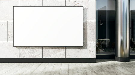 Empty billboard mounted on tiled stone facade outside modern building, clean white background, 3D Rendering, concept of outdoor advertisingの写真素材