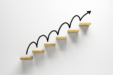 Wooden staircase steps with upward arrow on white background, symbolizing ambition, success, growth, learning, and career direction. 3D Renderingの写真素材