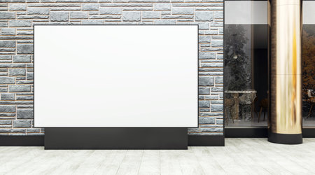 Blank billboard display on stone wall facade beside glass window and gold pillar, clean background for business promotion and advertising. 3D Renderingの写真素材