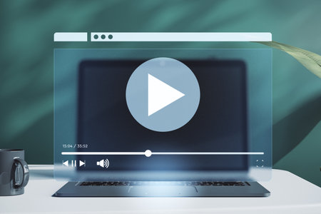 Transparent streaming video interface overlay on laptop with large play icon, soft shadows, and teal background. 3D Renderingの写真素材