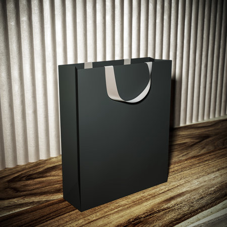 Black shopping bag with white handles standing on wooden floor, minimalist 3D Rendering style, curtain background, luxury branding conceptの写真素材