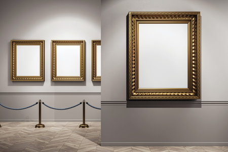 Empty art gallery interior with classic gold frames hung on a clean wall, spotlight lighting and modern design concept. 3D Renderingの写真素材