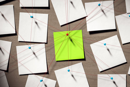 Blank sticky notes with red strings pinned to wooden wall background, center note highlighted in green, concept of detective investigation. 3D Renderingの写真素材
