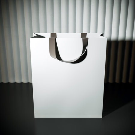 White shopping bag mockup with black handles, modern minimal design on dark floor and curtain background. Concept for branding and promotion. 3D Renderingの写真素材