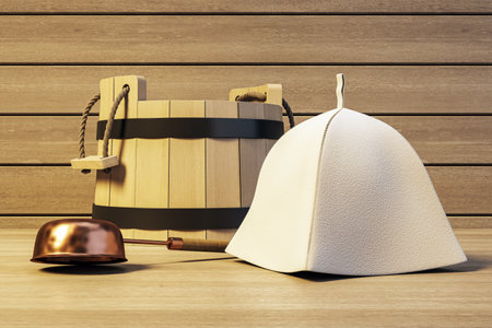 Wooden sauna bucket, copper ladle, and felt hat closeup on wood surface with warm light, wooden plank background. Concept of sauna wellness. 3D Renderingの写真素材