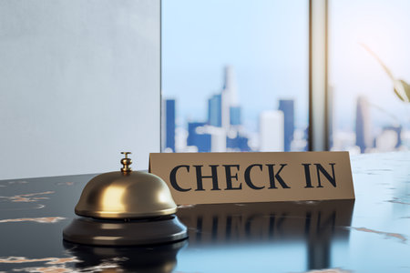 Hotel check-in desk scene with golden bell and sign on marble surface, soft light, city background, concept of hospitality service. 3D Renderingの写真素材