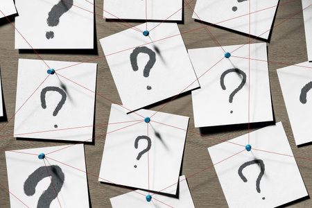 Sticky notes with question marks connected by red strings on wooden wall background, symbolizing detective logic, business problem or curiosity. 3D Renderingの写真素材