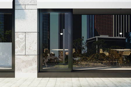 Contemporary shop or store facade with glass door and window, daylight city view reflection, tiled floor, and minimal modern building exterior. 3D Renderingの写真素材