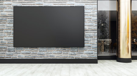 Empty black canvas mockup on brick wall background near glass entrance and golden pillar, concept for promotion or business display. 3D Renderingの写真素材