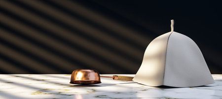 Sauna hat and copper ladle on a marble surface with diagonal striped shadows in warm light, minimalistic composition concept. 3D Renderingの写真素材