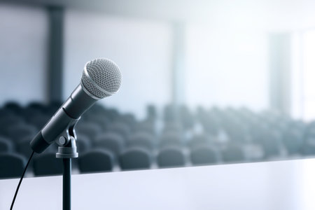 Microphone closeup on stand in empty conference room, realistic style, blurred chairs and bright background, concept of presentation indoors. 3D Renderingの写真素材