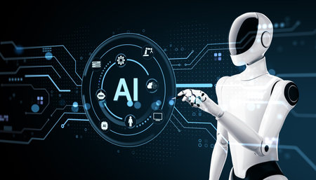 Humanoid robot touches digital AI interface on dark tech background, representing artificial intelligence, automation, and virtual network. 3D Renderingの写真素材