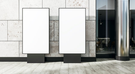 Two vertical white billboard mockups on modern stone wall facade outside store, clean background, business presentation concept, 3D Renderingの写真素材