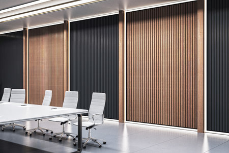 Empty modern office boardroom with white chairs and wood panel walls, minimalist interior design on corporate workspace background. 3D Renderingの写真素材