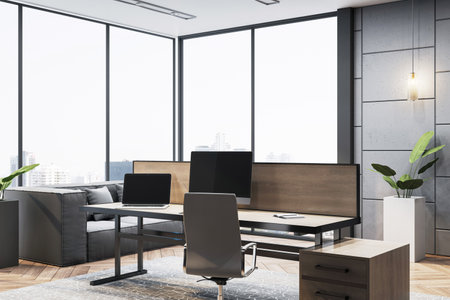 Modern executive office with luxury furniture, large windows, and city view in stylish interior design. Concept of upscale workplace. 3D Renderingの写真素材