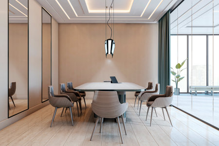 Empty modern conference room with wooden furniture, backlit ceiling lighting, and large glass windows, 3D Rendering of corporate workspaceの写真素材