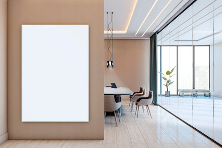 Vertical blank canvas mockup displayed on wall in modern empty boardroom interior with light wood floor, glass partition, and city view. 3D Renderingの写真素材